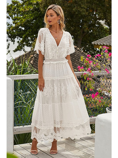 Women's Dress - Party Dress Lace Dress Swing Dress Maxi long Dress White Short Sleeve Pure Color Lace Spring Summer V Neck Boho 2023 S M L XL