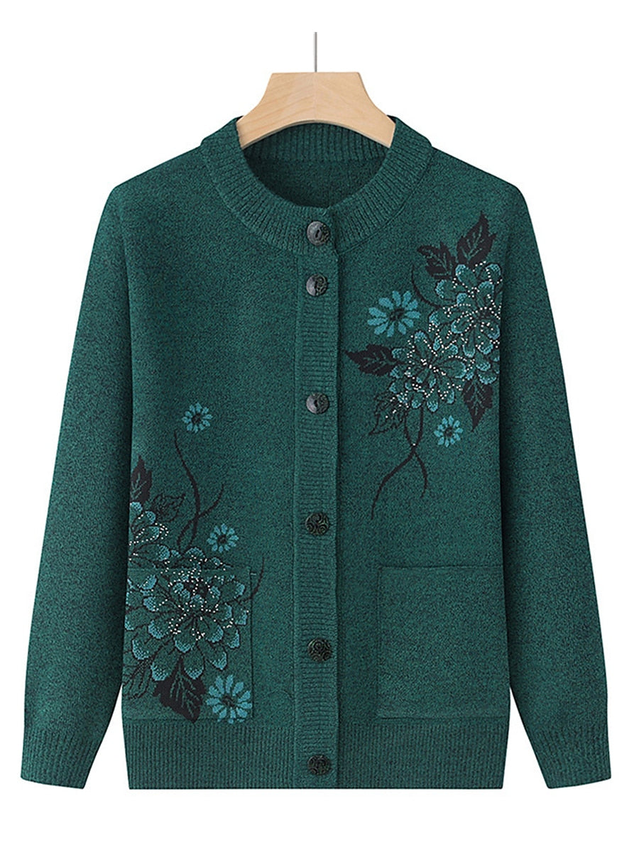 Women's Cardigan Sweater Crew Neck Ribbed Knit Polyester Button Pocket Fall Winter Outdoor Holiday Going out Stylish Casual Soft Long Sleeve Floral claret Grass Green Leather Pink XL 2XL 3XL