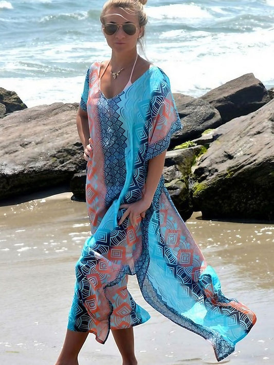 Women's Dress - Swimwear Cover Up Beach Dress Normal Swimsuit Oversized Print Blue Bathing Suits New Party Active / Casual / Padless