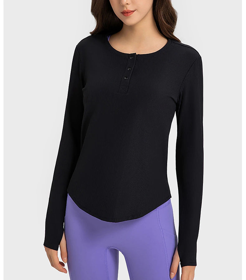 Women's Running T-Shirt Henley Shirt Solid Color Yoga Fitness Button Ribbed Black White Pink Crew Neck Long Sleeve High Elasticity Spring &  Fall