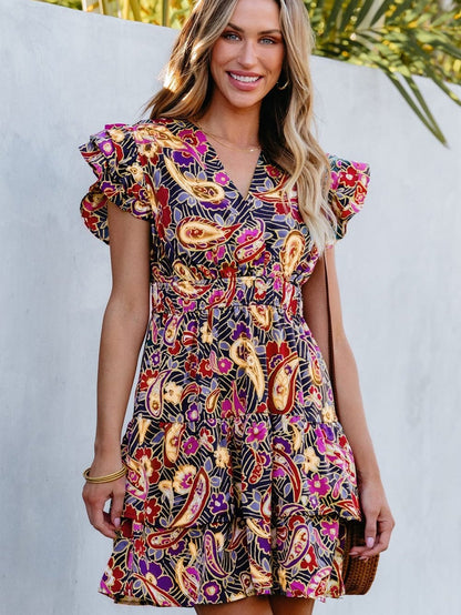 Paisley Blossom Flutter Sleeve Smocked Waist Ruffle Hem Dress