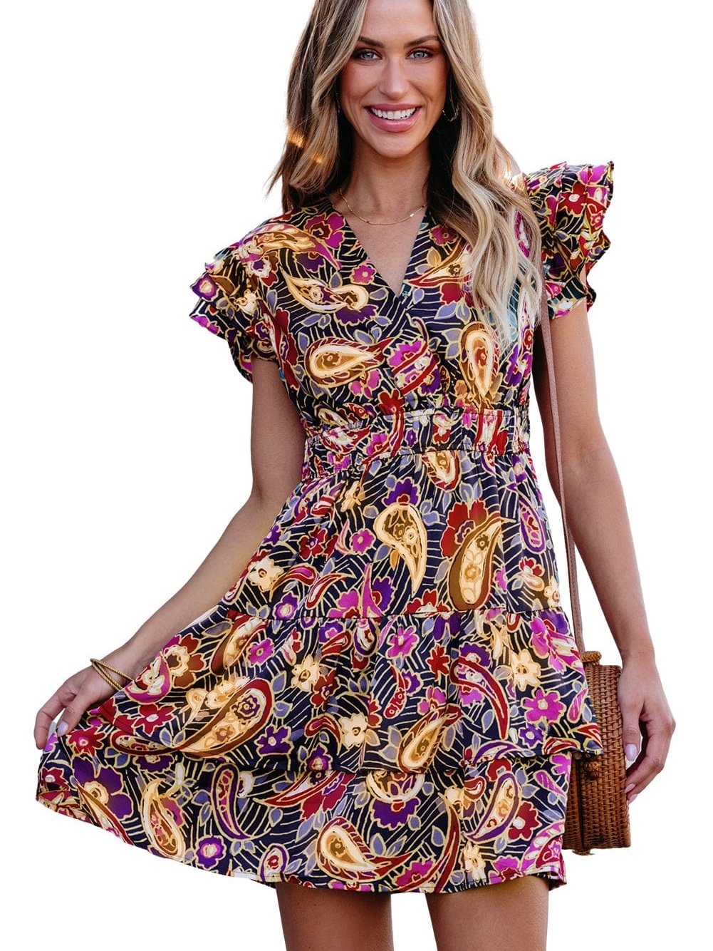 Paisley Blossom Flutter Sleeve Smocked Waist Ruffle Hem Dress