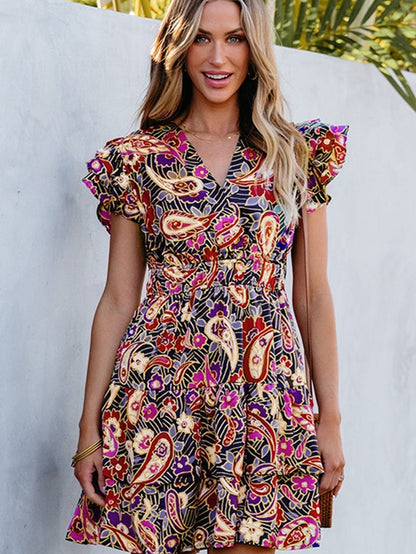 Paisley Blossom Flutter Sleeve Smocked Waist Ruffle Hem Dress