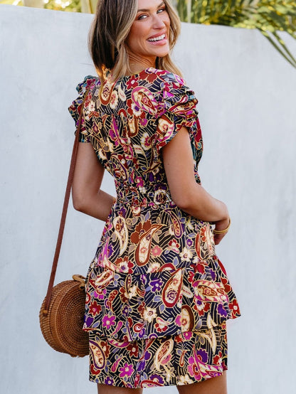 Paisley Blossom Flutter Sleeve Smocked Waist Ruffle Hem Dress