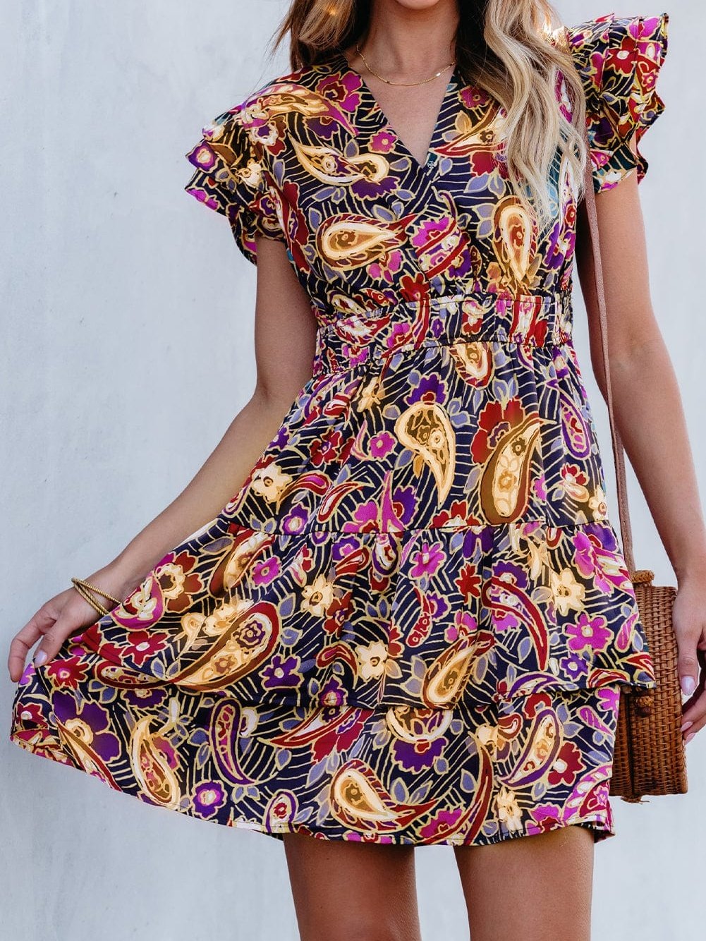 Paisley Blossom Flutter Sleeve Smocked Waist Ruffle Hem Dress