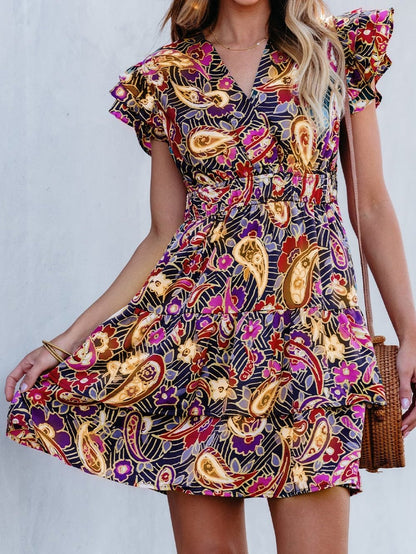 Paisley Blossom Flutter Sleeve Smocked Waist Ruffle Hem Dress