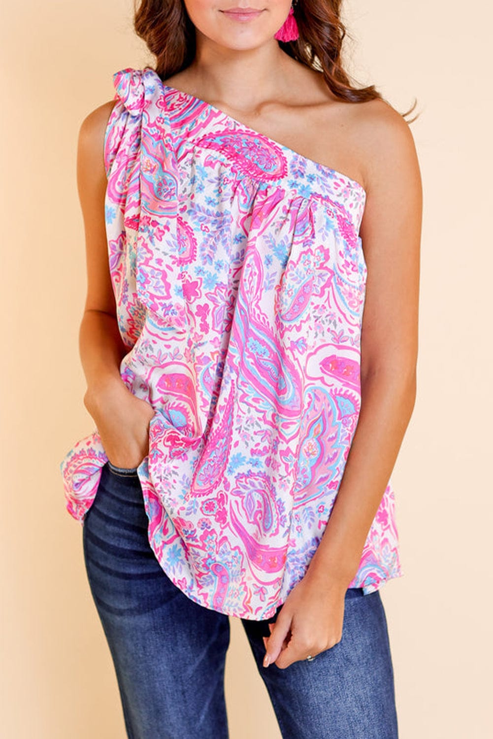 Paisley Knot Detail One Shoulder Tank Top in Multicolour