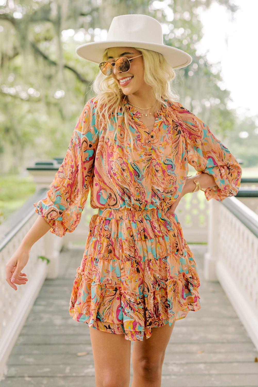 Paisley Print Frilled Mini Dress with Bohemian Flair