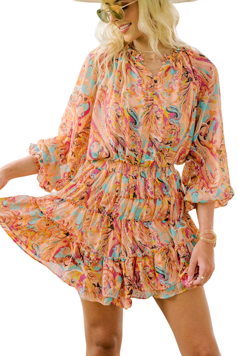 Paisley Print Frilled Mini Dress with Bohemian Flair