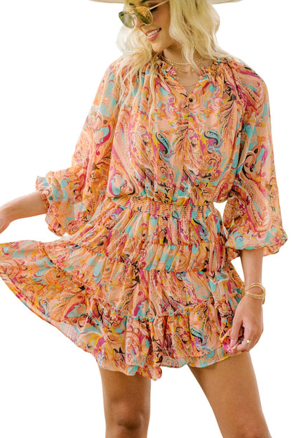 Paisley Print Frilled Mini Dress with Bohemian Flair