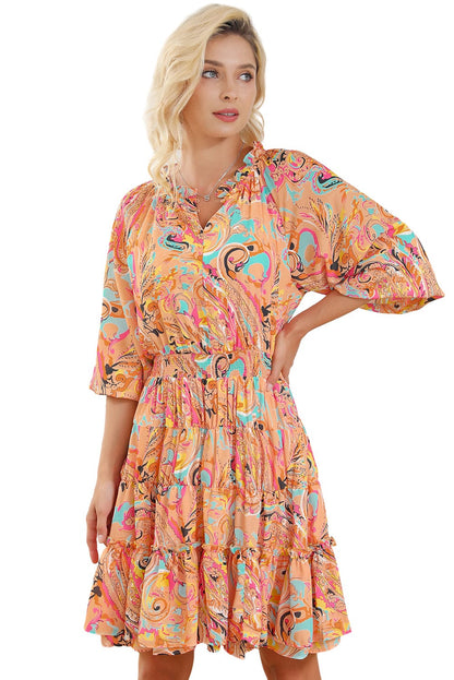 Paisley Print Frilled Mini Dress with Bohemian Flair