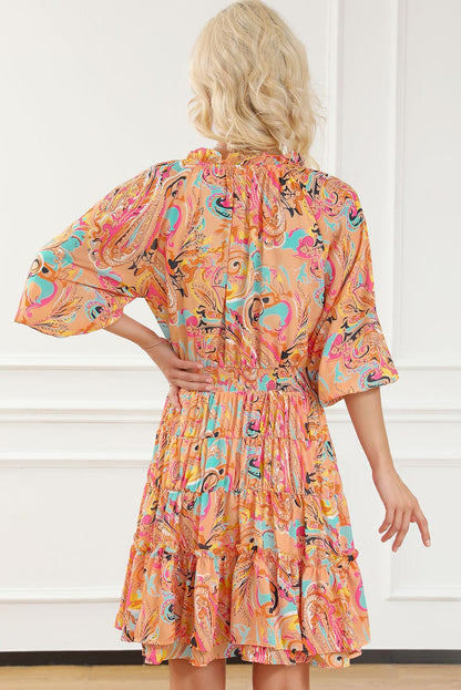 Paisley Print Frilled Mini Dress with Bohemian Flair