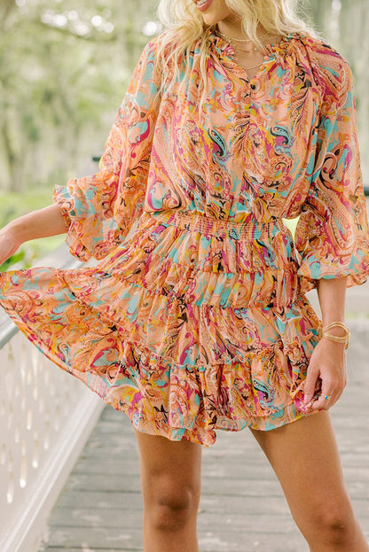 Paisley Print Frilled Mini Dress with Bohemian Flair