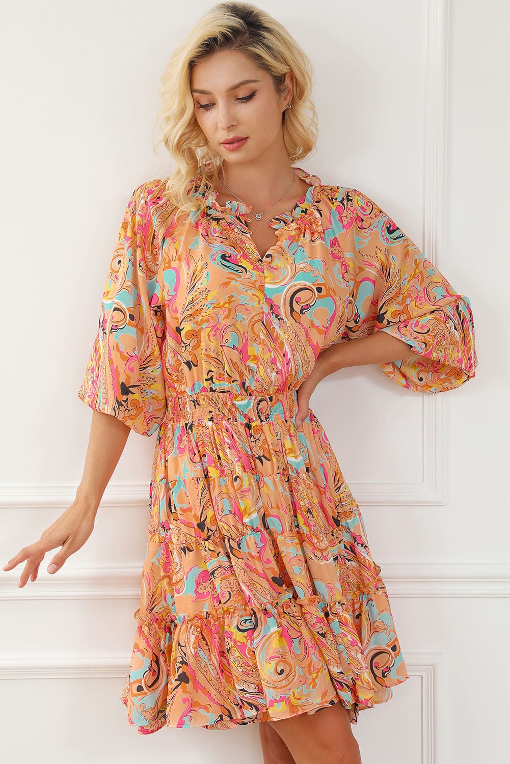 Paisley Print Frilled Mini Dress with Bohemian Flair