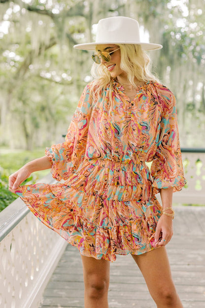 Paisley Print Frilled Mini Dress with Bohemian Flair