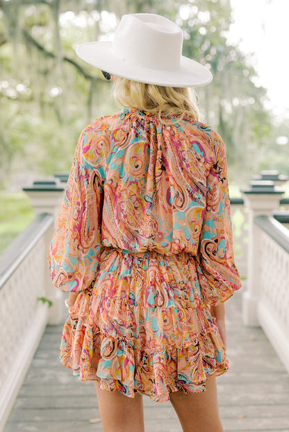Paisley Print Frilled Mini Dress with Bohemian Flair