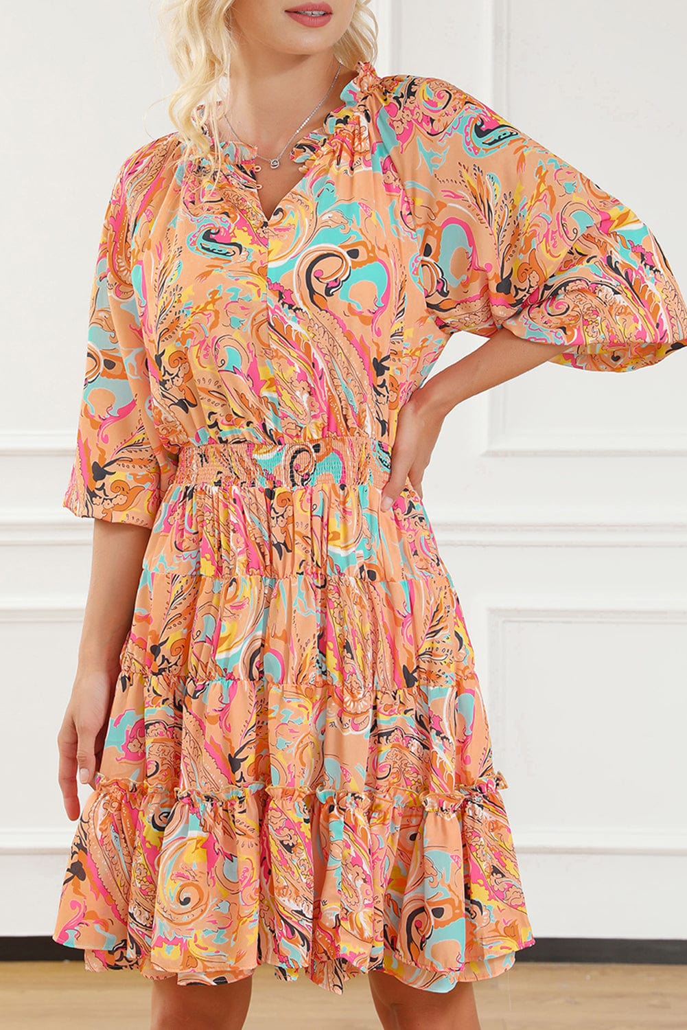 Paisley Print Frilled Mini Dress with Bohemian Flair