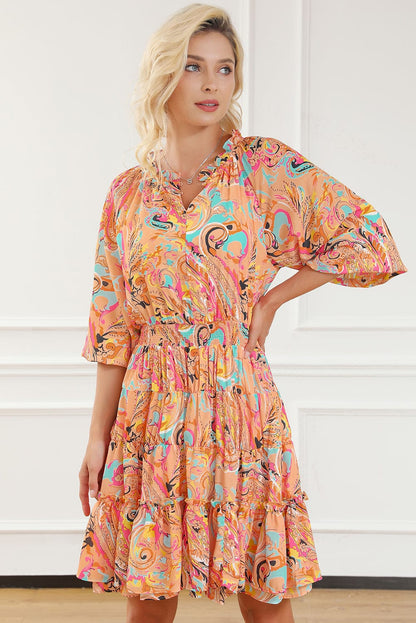 Paisley Print Frilled Mini Dress with Bohemian Flair