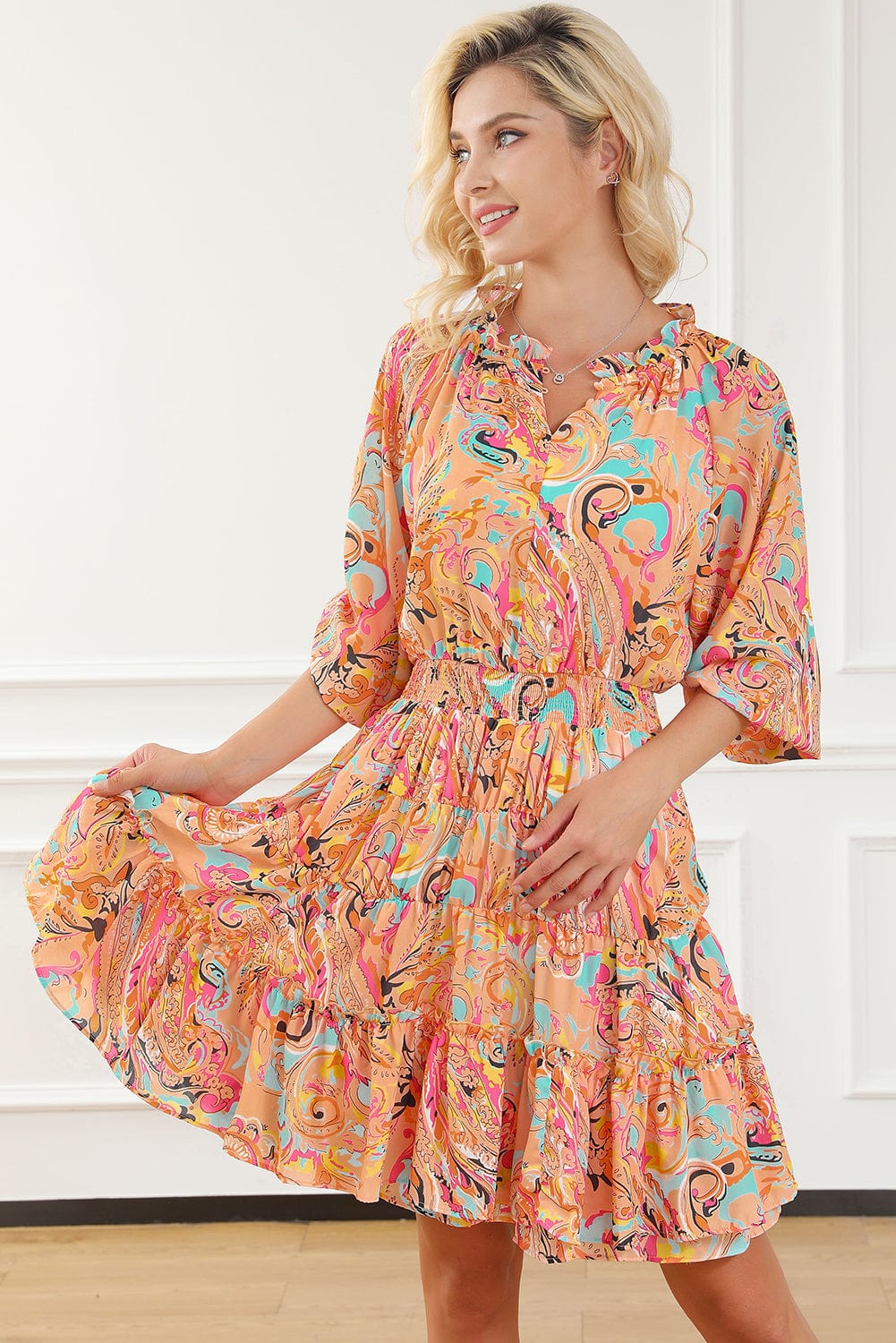Paisley Print Frilled Mini Dress with Bohemian Flair