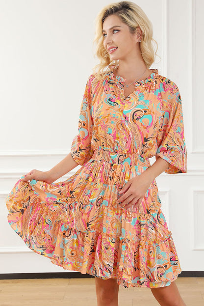 Paisley Print Frilled Mini Dress with Bohemian Flair