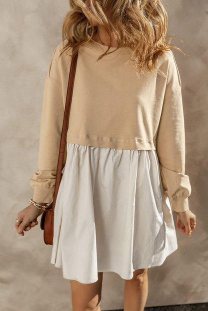 Pale Khaki Contrast Poplin Mini Dress with Ruffle Details