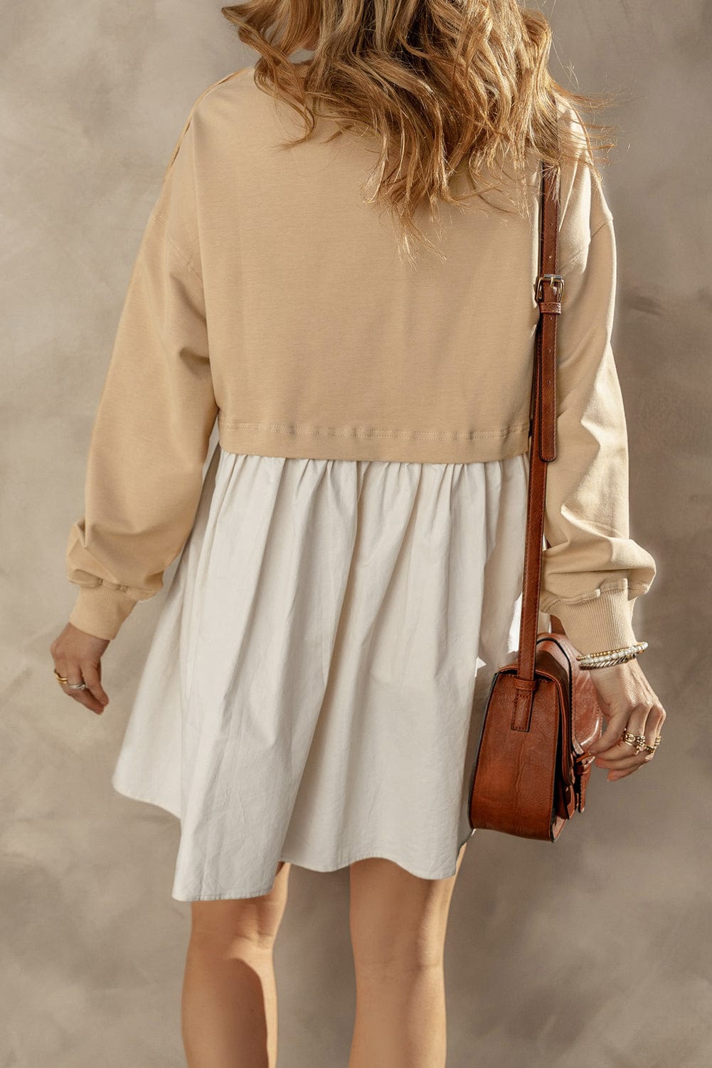 Pale Khaki Contrast Poplin Mini Dress with Ruffle Details