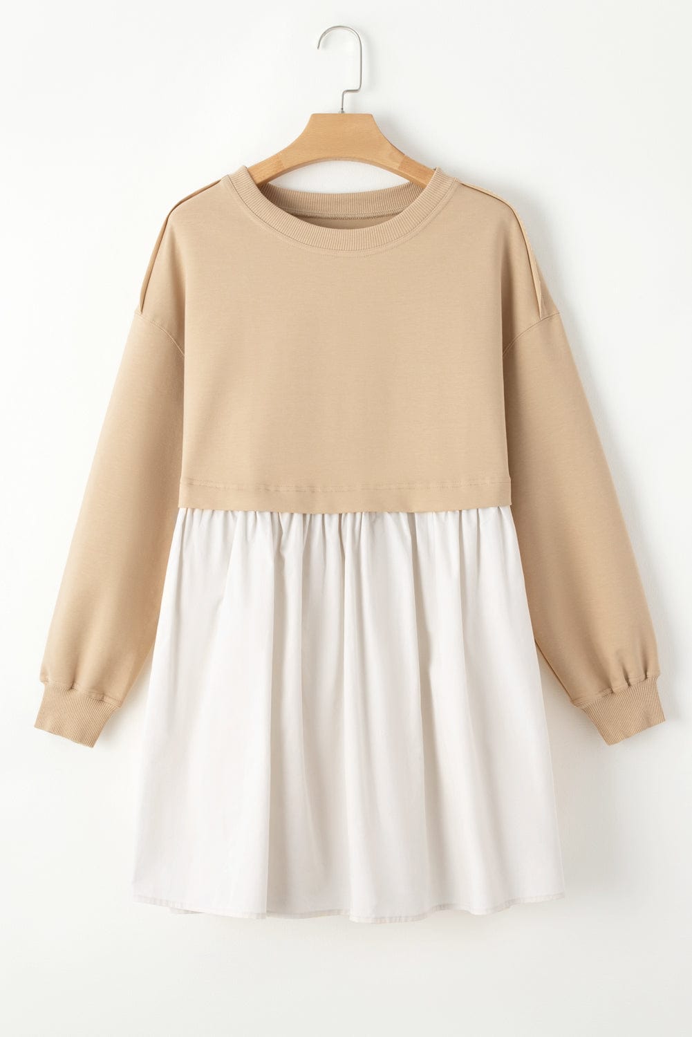 Pale Khaki Contrast Poplin Mini Dress with Ruffle Details