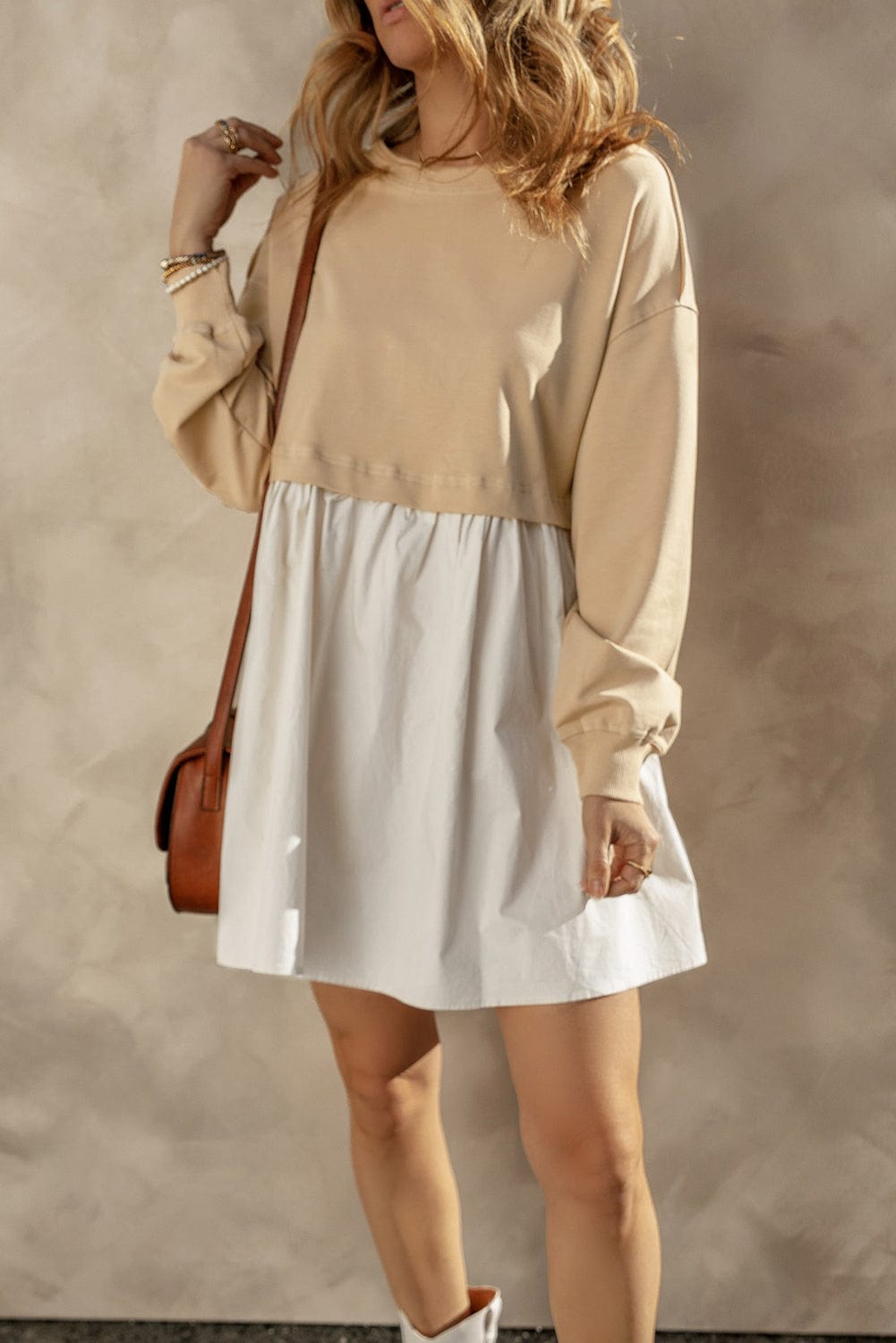 Pale Khaki Contrast Poplin Mini Dress with Ruffle Details