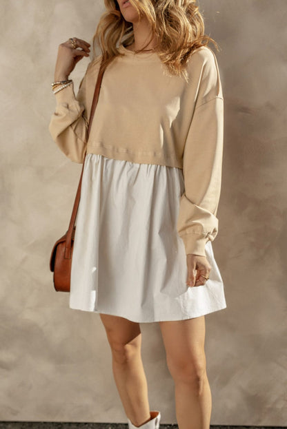 Pale Khaki Contrast Poplin Mini Dress with Ruffle Details