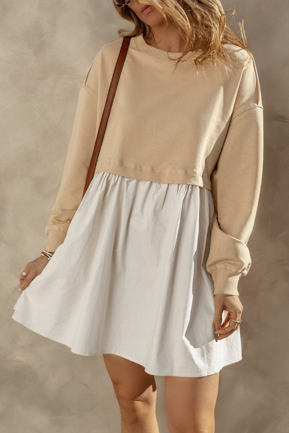 Pale Khaki Contrast Poplin Mini Dress with Ruffle Details