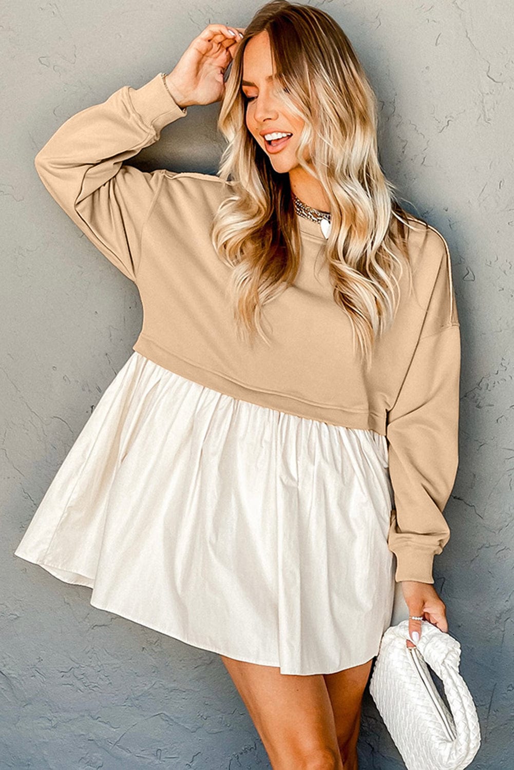 Pale Khaki Contrast Poplin Mini Dress with Ruffle Details