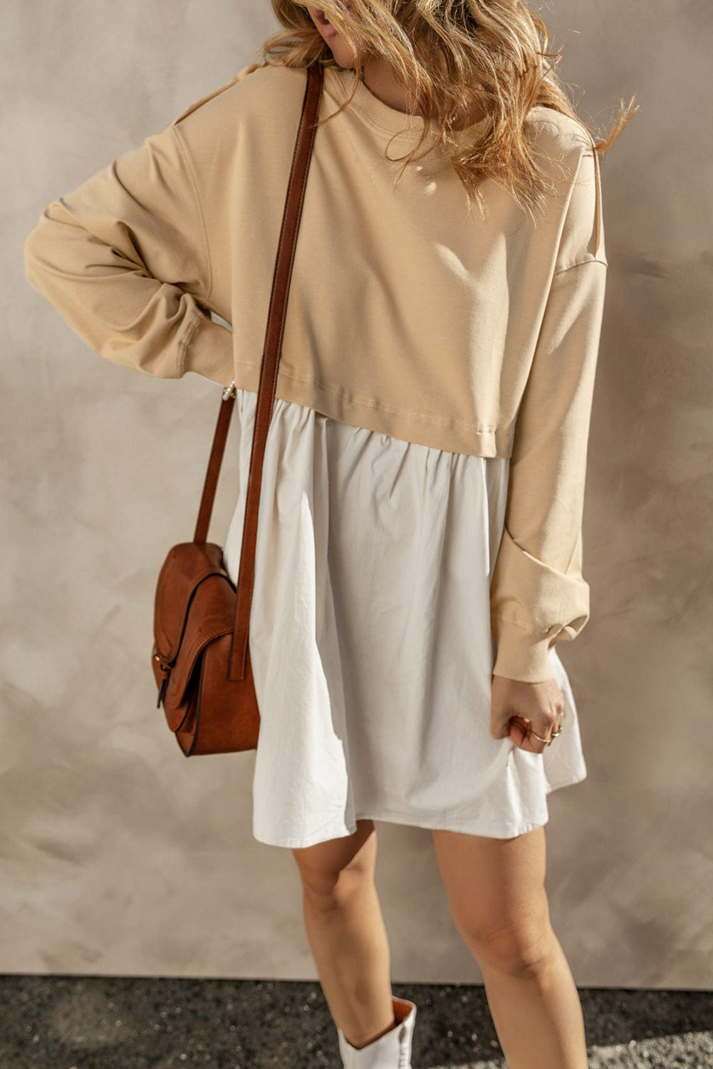 Pale Khaki Contrast Poplin Mini Dress with Ruffle Details