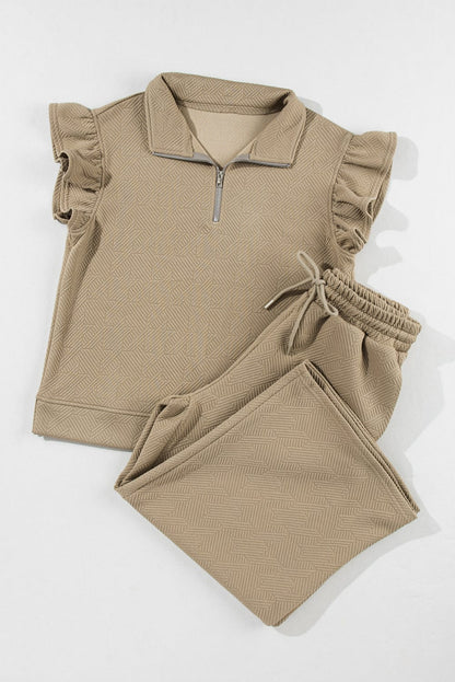 Pale Khaki Ruffle Sleeve Top and Wide Leg Pants Ensemble