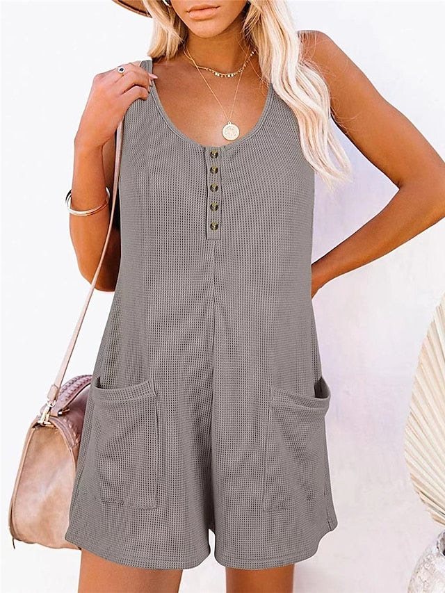 Jumpsuits for Women Summer Overall Button Pocket Solid Color U Neck Basic Daily Vacation Regular Fit Sleeveless Black Pink Wine S M L Spring - LuckyFash™