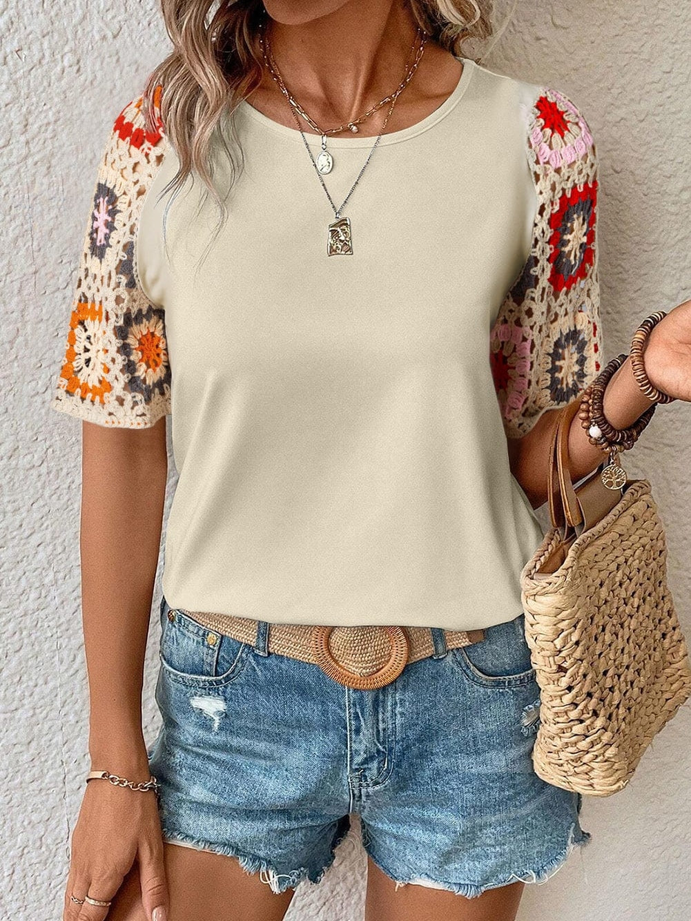 Parchment Crochet Floral Sleeve Blouse