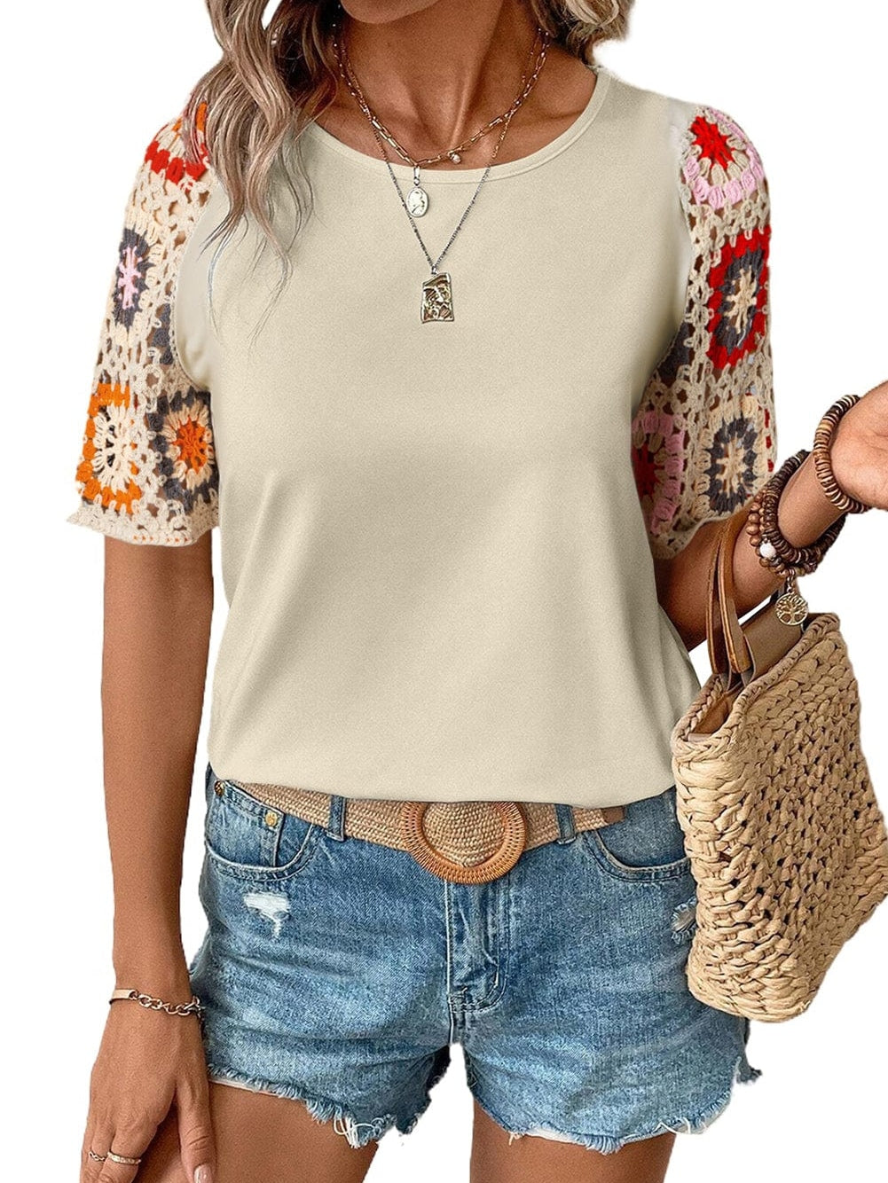 Parchment Crochet Floral Sleeve Blouse