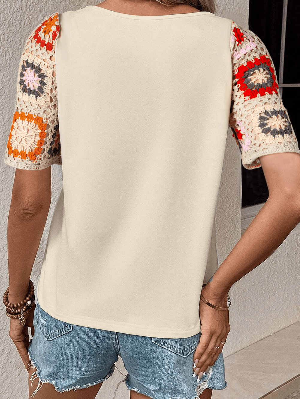 Parchment Crochet Floral Sleeve Blouse