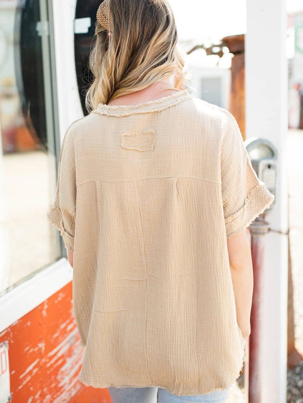 Parchment Textured Button-Up Short Sleeve Top with Raw Edge Hem