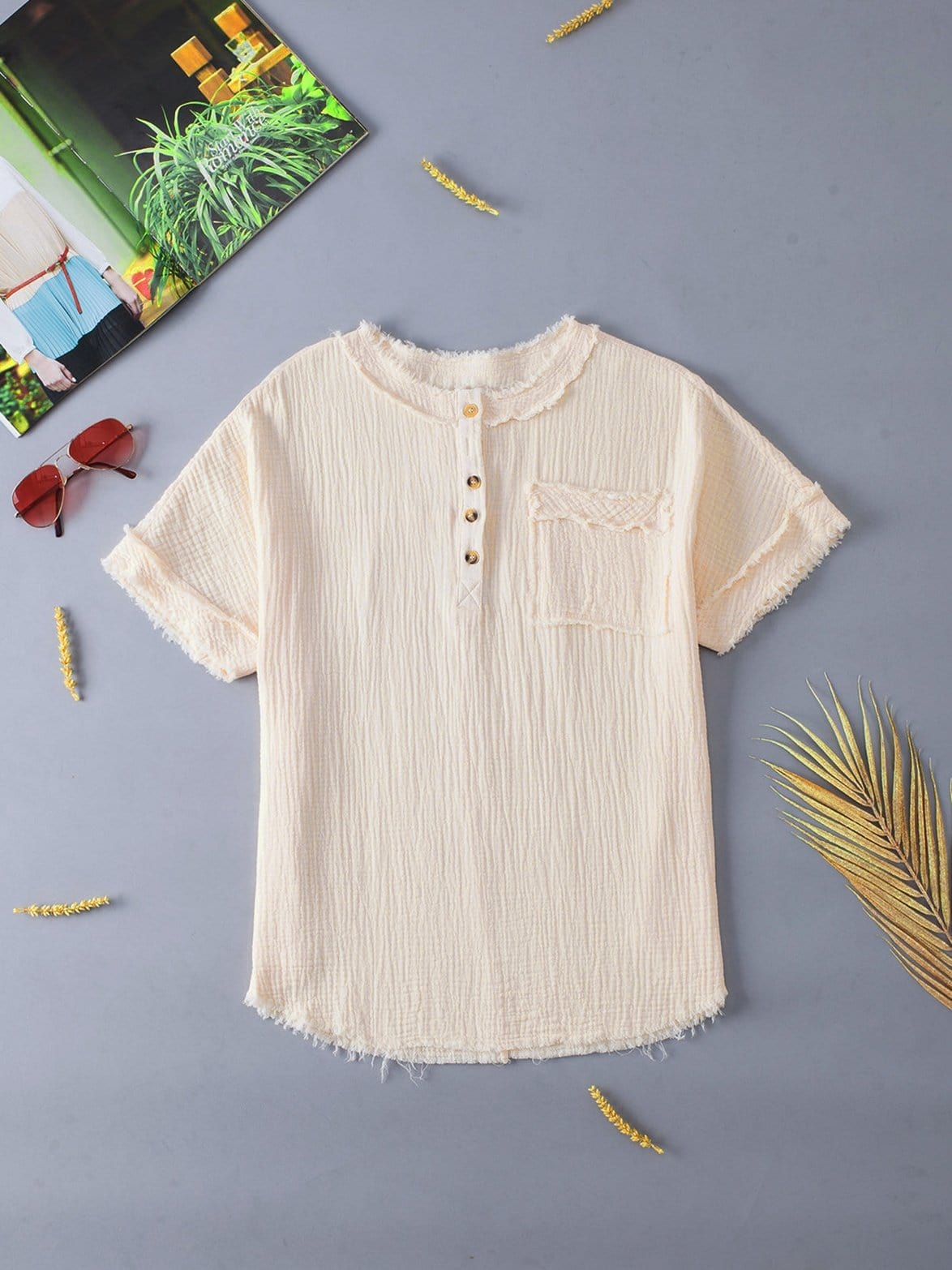 Parchment Textured Button-Up Short Sleeve Top with Raw Edge Hem