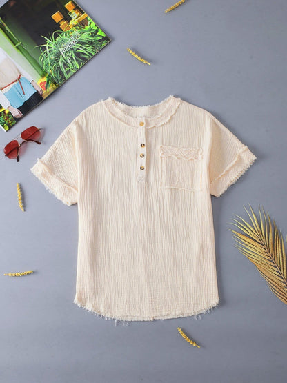 Parchment Textured Button-Up Short Sleeve Top with Raw Edge Hem