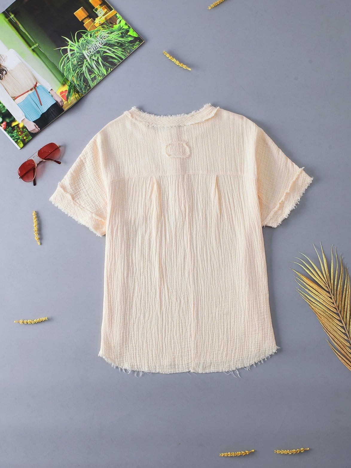Parchment Textured Button-Up Short Sleeve Top with Raw Edge Hem