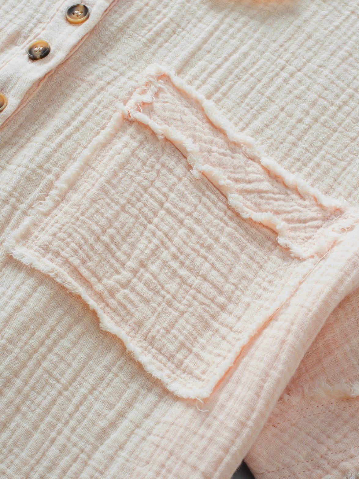 Parchment Textured Button-Up Short Sleeve Top with Raw Edge Hem