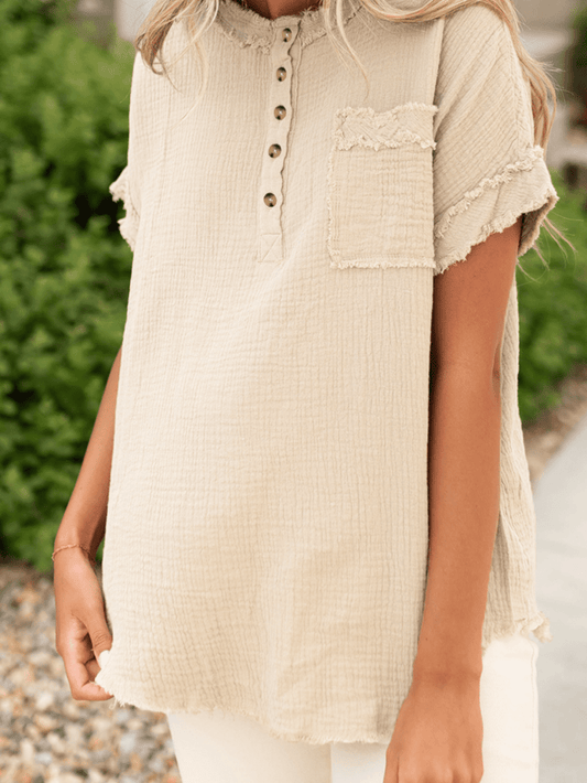Parchment Textured Button-Up Short Sleeve Top with Raw Edge Hem