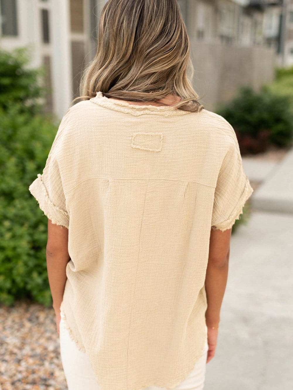 Parchment Textured Button-Up Short Sleeve Top with Raw Edge Hem