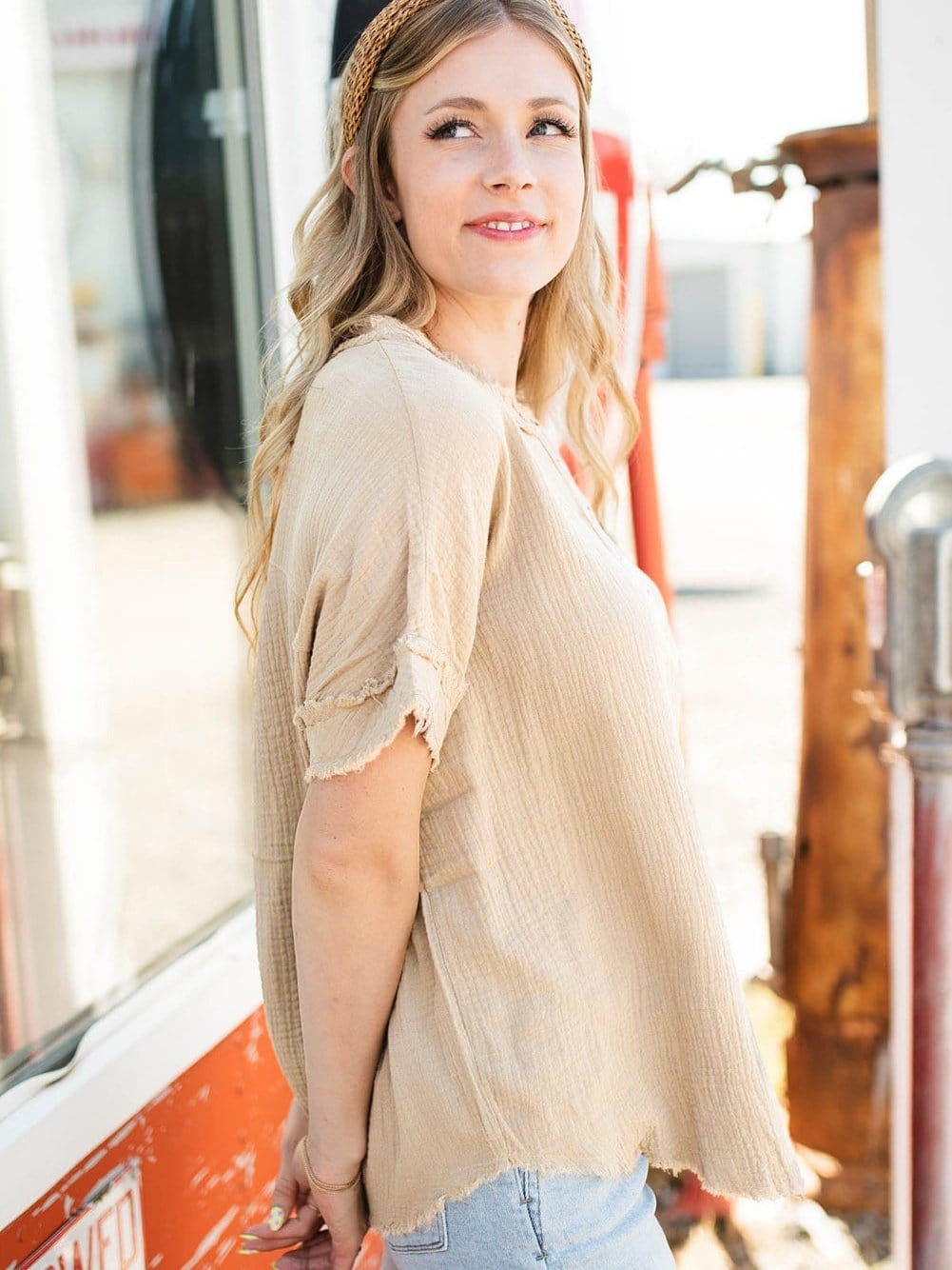 Parchment Textured Button-Up Short Sleeve Top with Raw Edge Hem