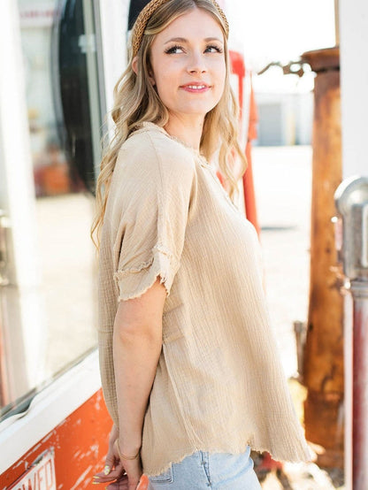 Parchment Textured Button-Up Short Sleeve Top with Raw Edge Hem