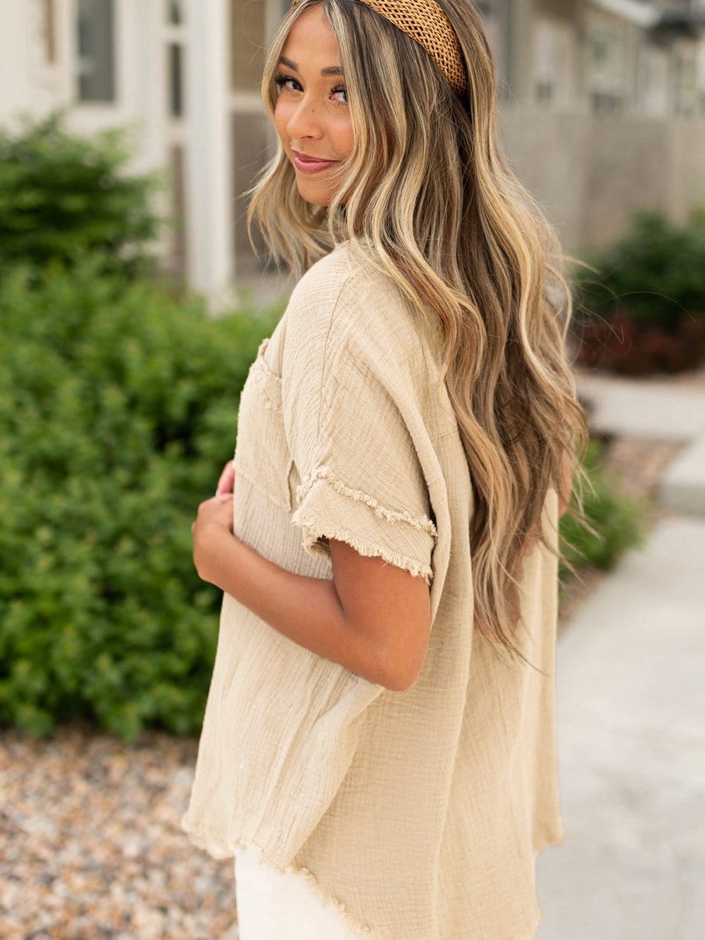 Parchment Textured Button-Up Short Sleeve Top with Raw Edge Hem
