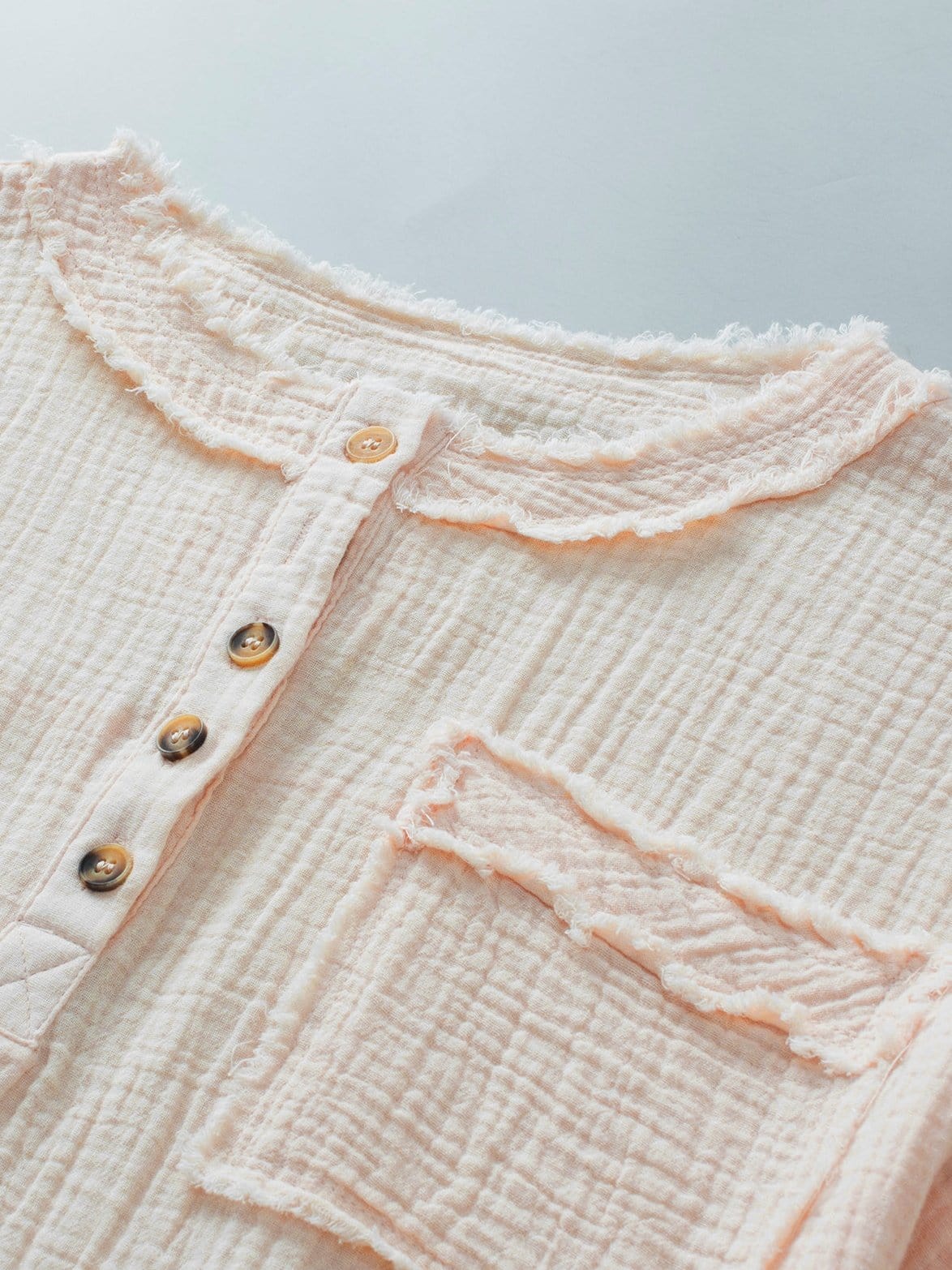 Parchment Textured Button-Up Short Sleeve Top with Raw Edge Hem