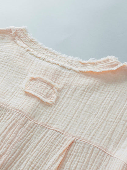 Parchment Textured Button-Up Short Sleeve Top with Raw Edge Hem