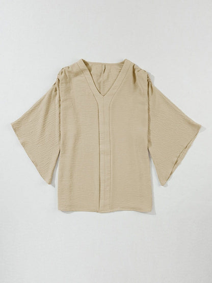 Parchment V Neck Crinkled Blouse with Wide Sleeves